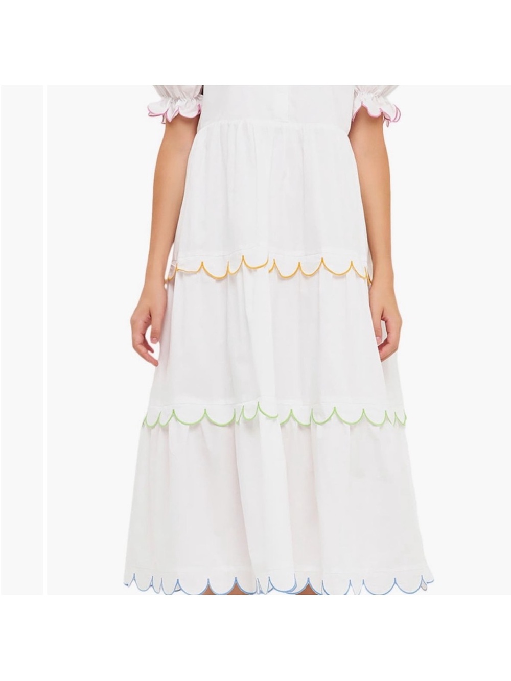 English Factory White Tiered Midi Dress with Multicolor Scallop Trim - Picture 2 of 7